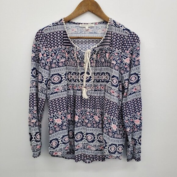 Daniel Rainn Navy‎ Red Floral Peasant Boho Top Size M Long Sleeve Lightweight - Picture 3 of 14